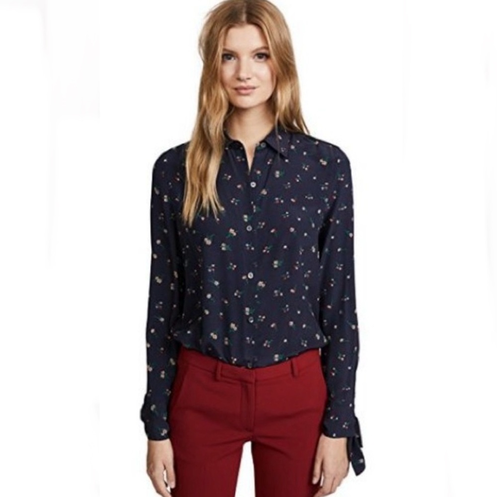 Theory Silk Tie Cuff Floral Print Button-Up Blouse